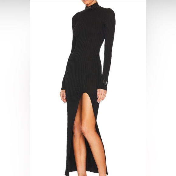 Black Ribbed Maxi Dress with Mock Neck and Slit - Picture 2 of 6